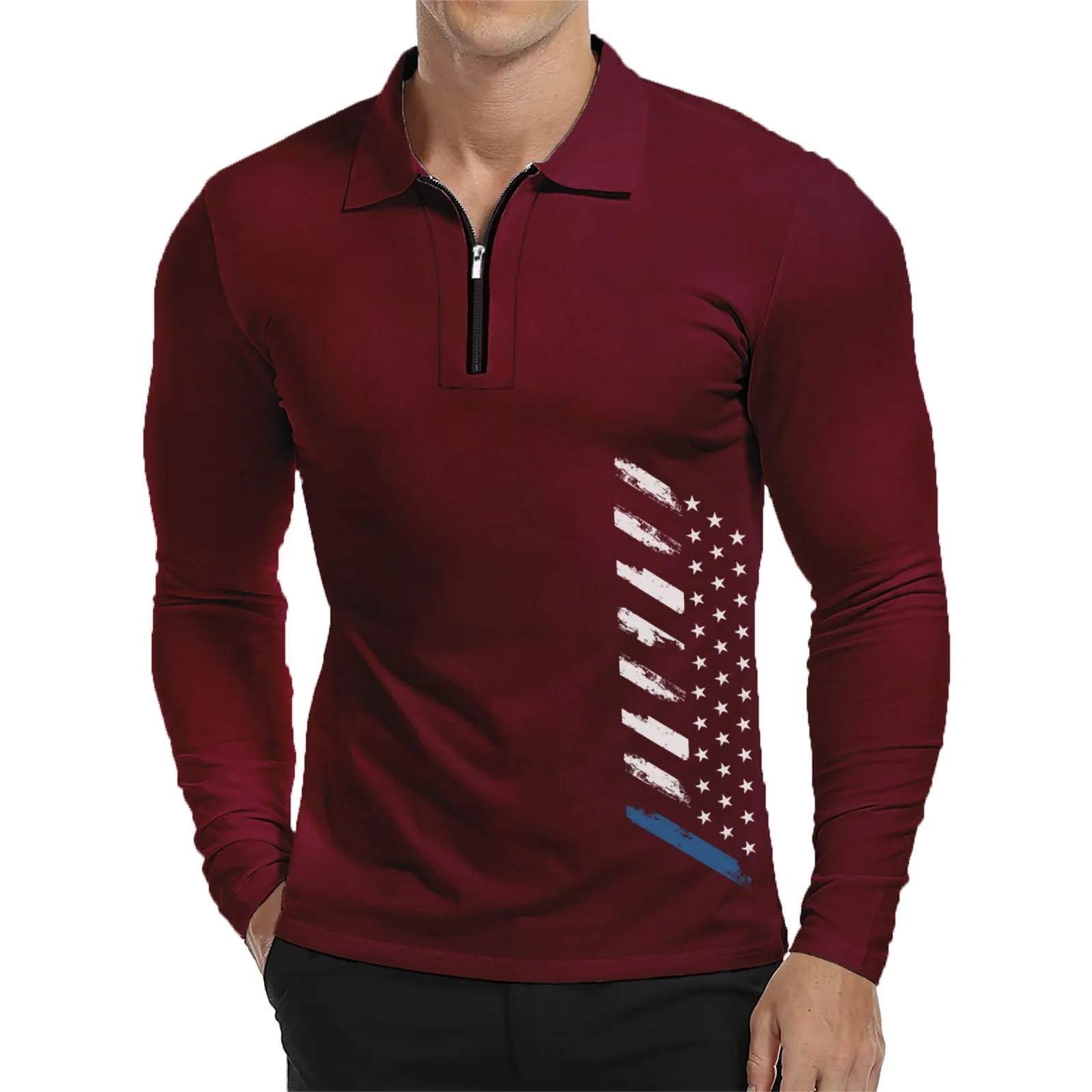 USA FLAG ZIPPER QUICK DRY GRAPHIC  LONG SLEEVE POLO SHIRT