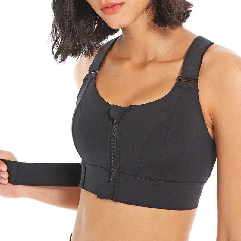 Women's Plus Size Sports Bra Crop Top Adjustable Lifting Yoga Vest Front Zipper Adjustable Straps Gym Fitness Athletic Brassiere Top