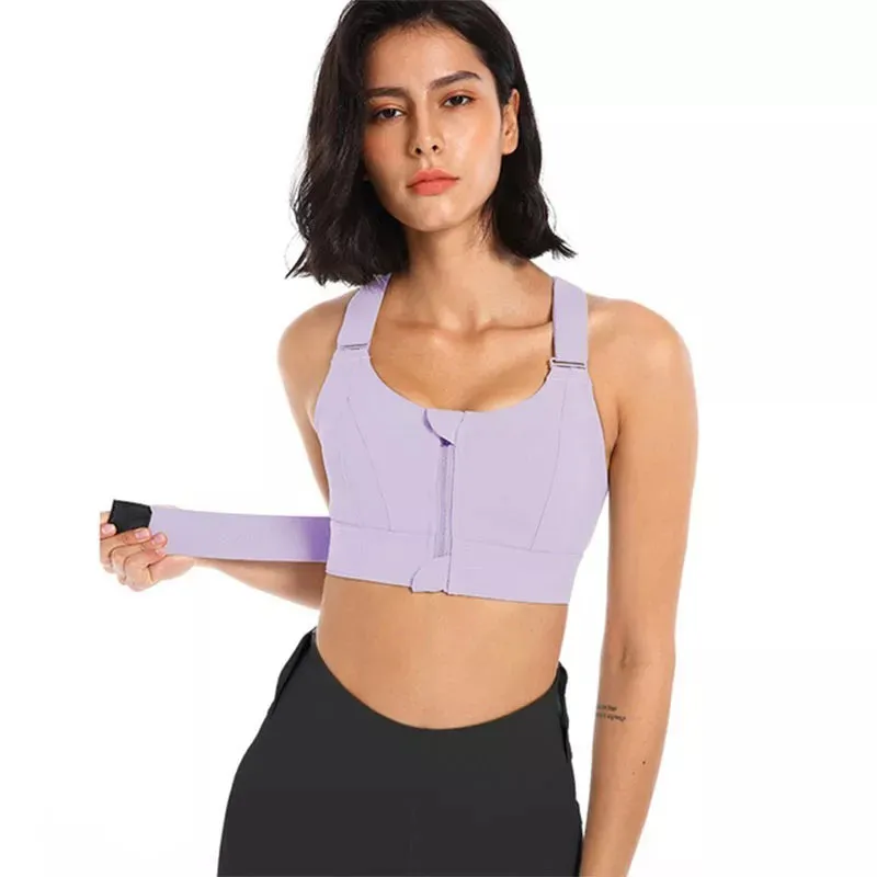 Women's Plus Size Sports Bra Crop Top Adjustable Lifting Yoga Vest Front Zipper Adjustable Straps Gym Fitness Athletic Brassiere Top