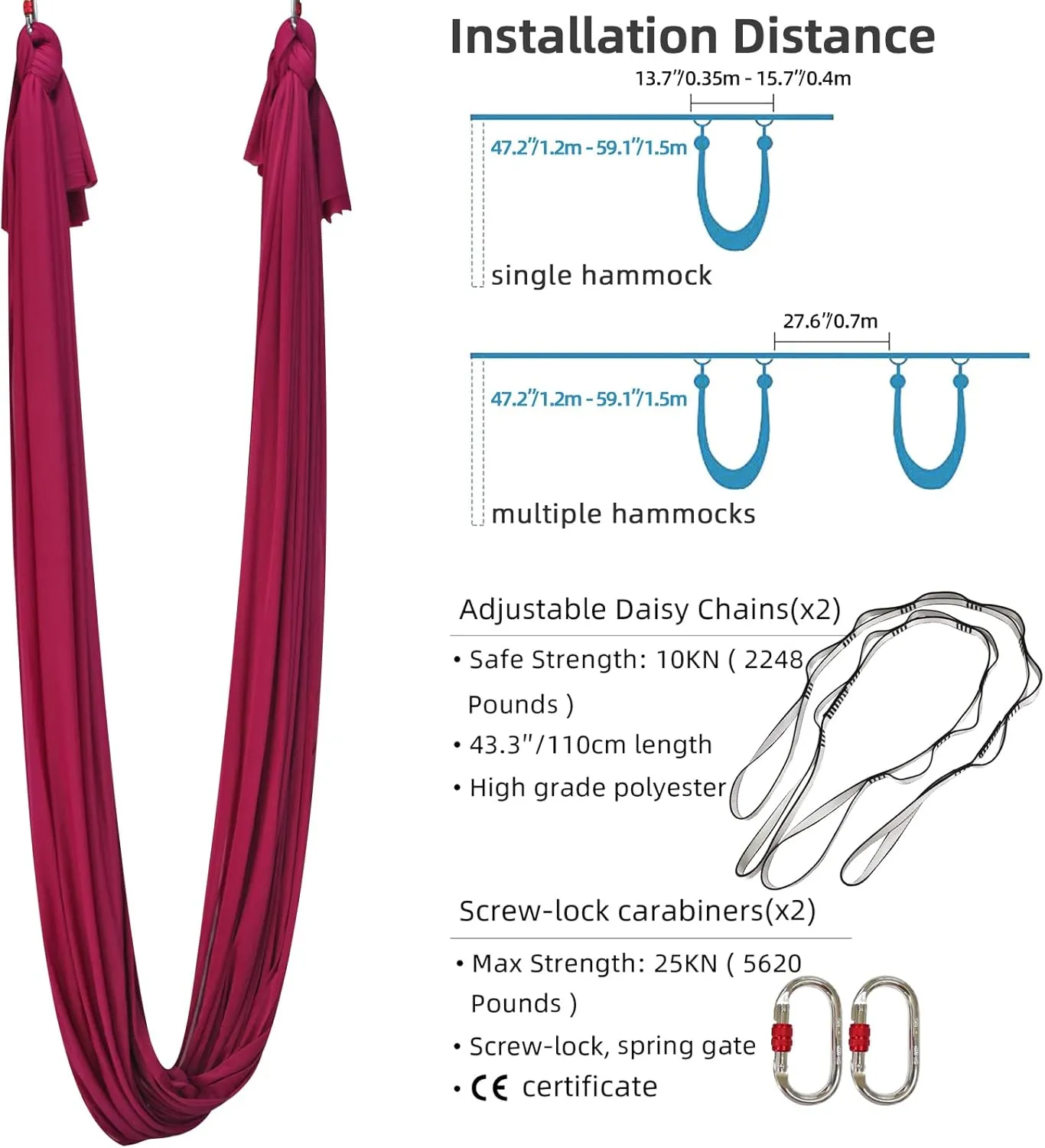 Yoga Hammock Kit for Fitness Anti Gravity Fabrics with Low Stretch Nylon Fabric & Included Hardware for Aerial Dance