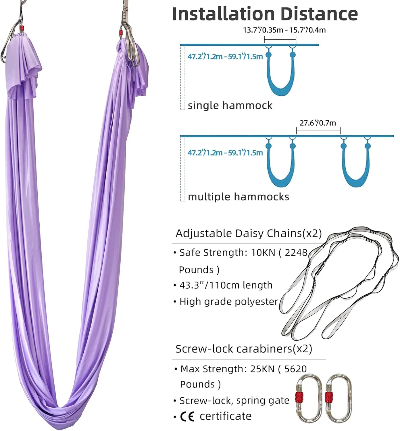 Yoga Hammock Kit for Fitness Anti Gravity Fabrics with Low Stretch Nylon Fabric & Included Hardware for Aerial Dance