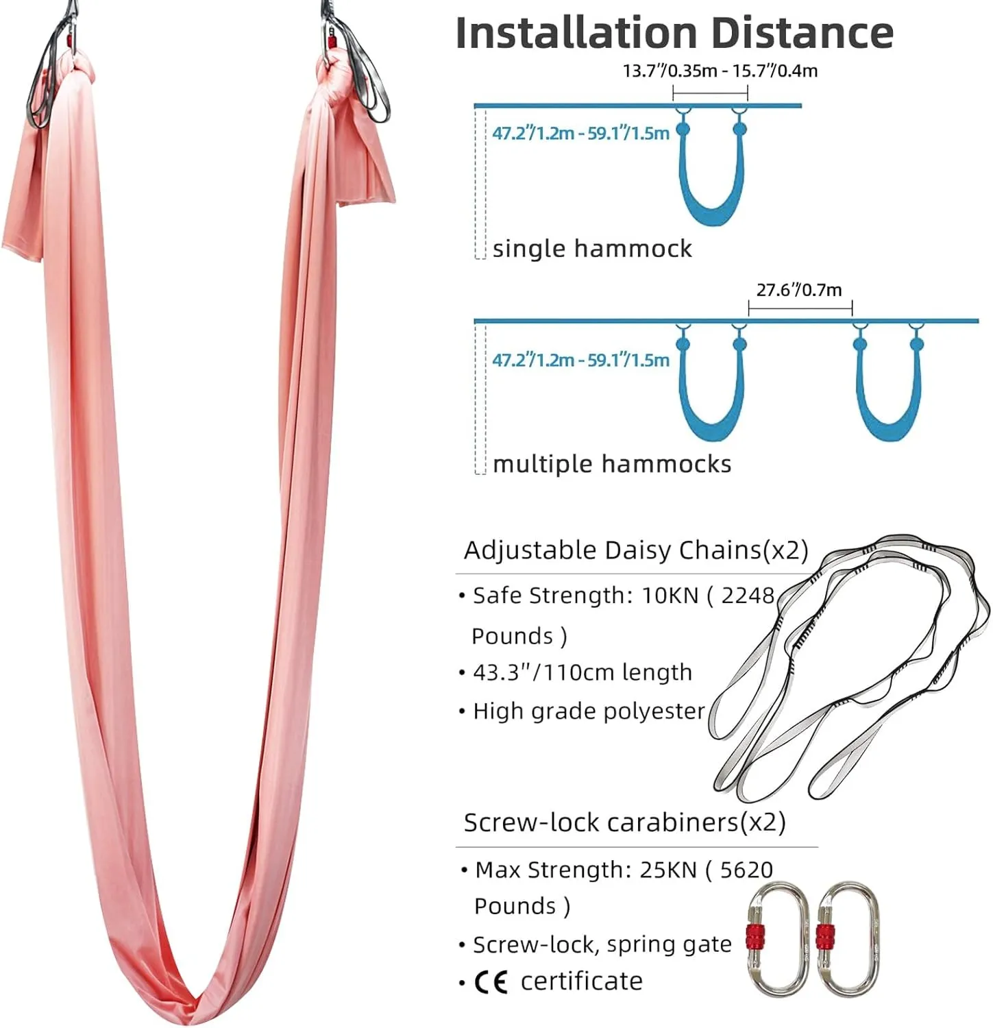 Yoga Hammock Kit for Fitness Anti Gravity Fabrics with Low Stretch Nylon Fabric & Included Hardware for Aerial Dance