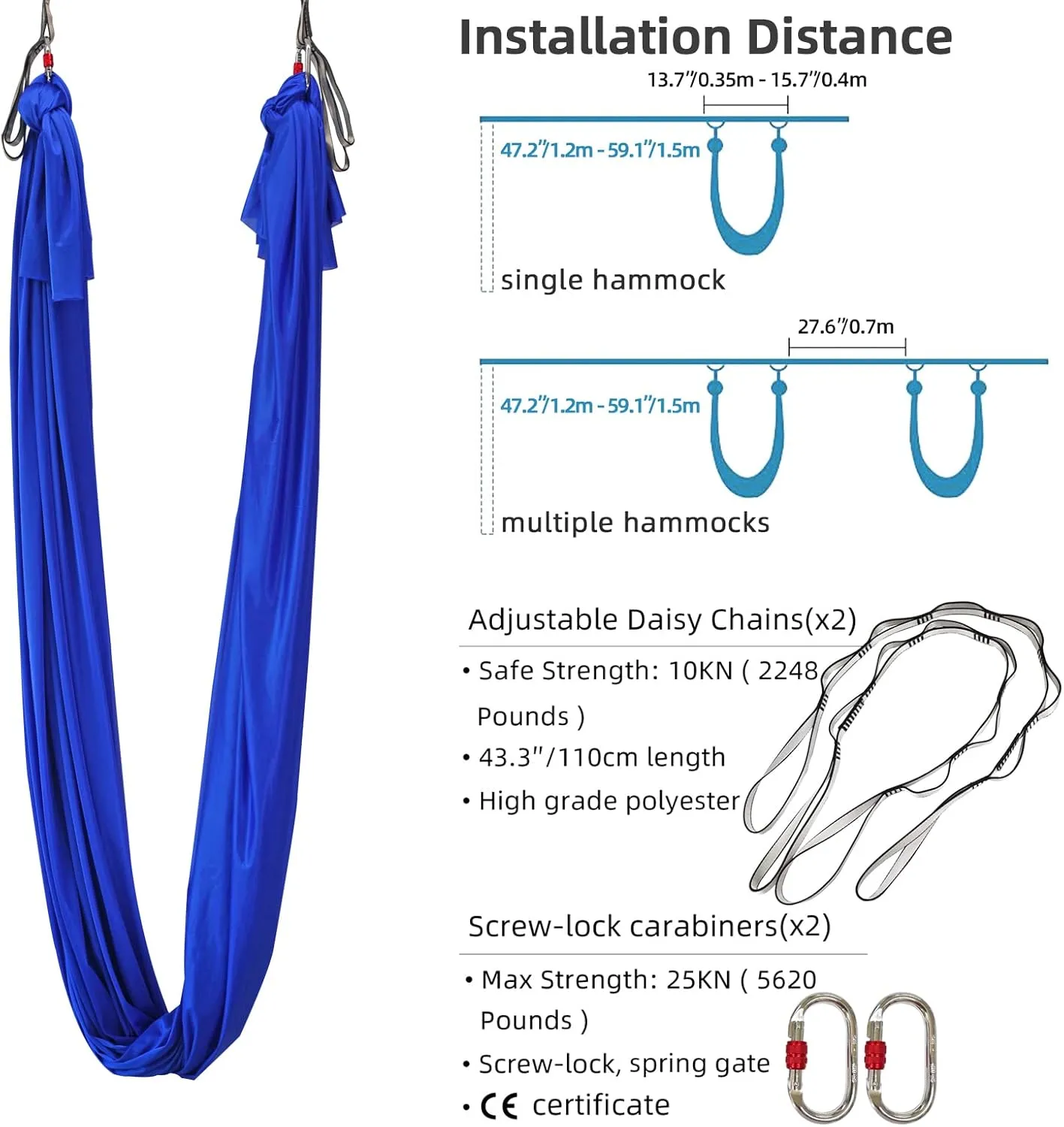 Yoga Hammock Kit for Fitness Anti Gravity Fabrics with Low Stretch Nylon Fabric & Included Hardware for Aerial Dance