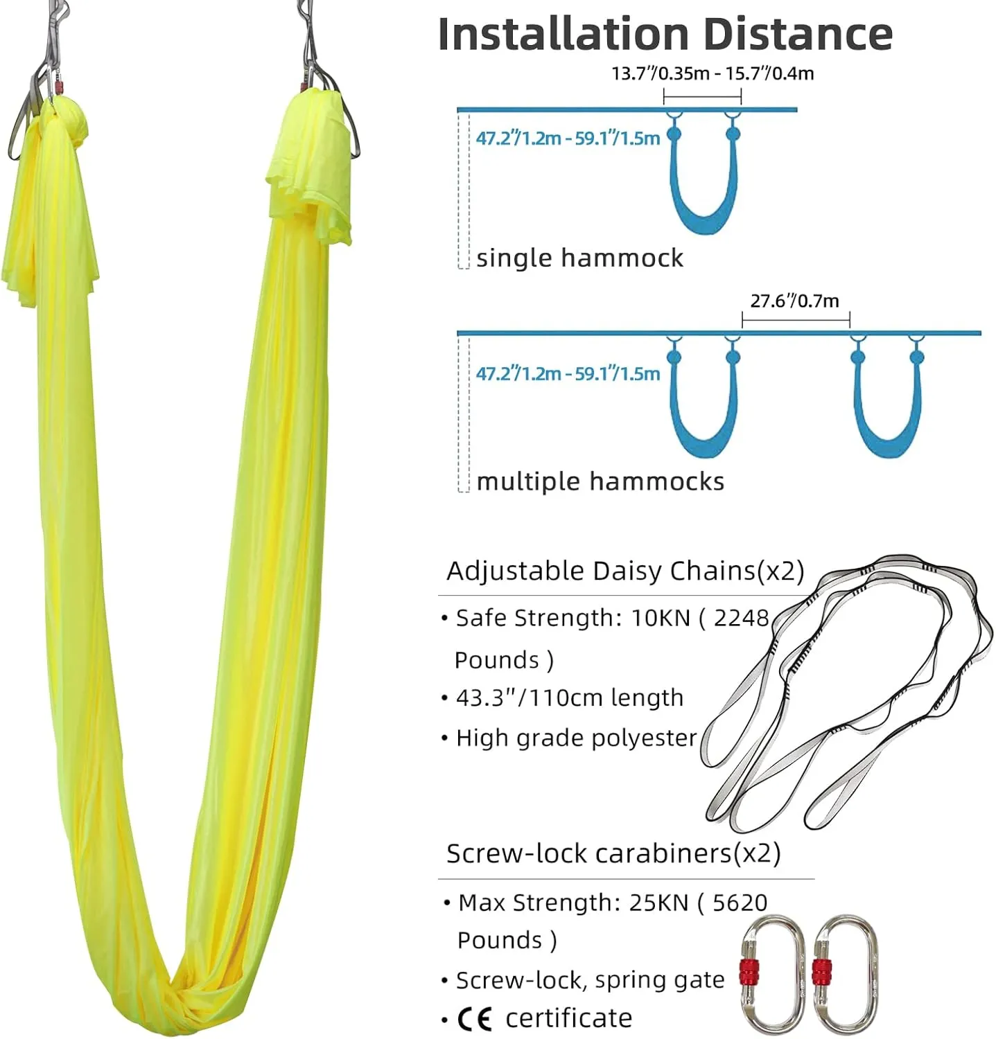 Yoga Hammock Kit for Fitness Anti Gravity Fabrics with Low Stretch Nylon Fabric & Included Hardware for Aerial Dance