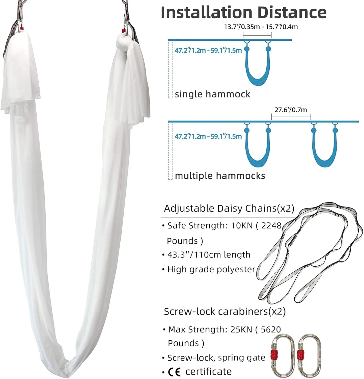 Yoga Hammock Kit for Fitness Anti Gravity Fabrics with Low Stretch Nylon Fabric & Included Hardware for Aerial Dance