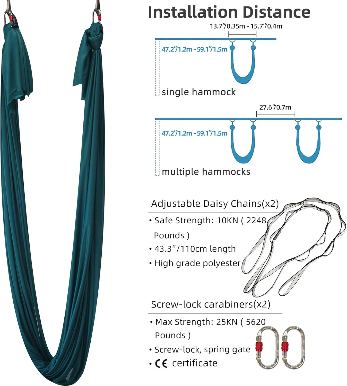 Yoga Hammock Kit for Fitness Anti Gravity Fabrics with Low Stretch Nylon Fabric & Included Hardware for Aerial Dance