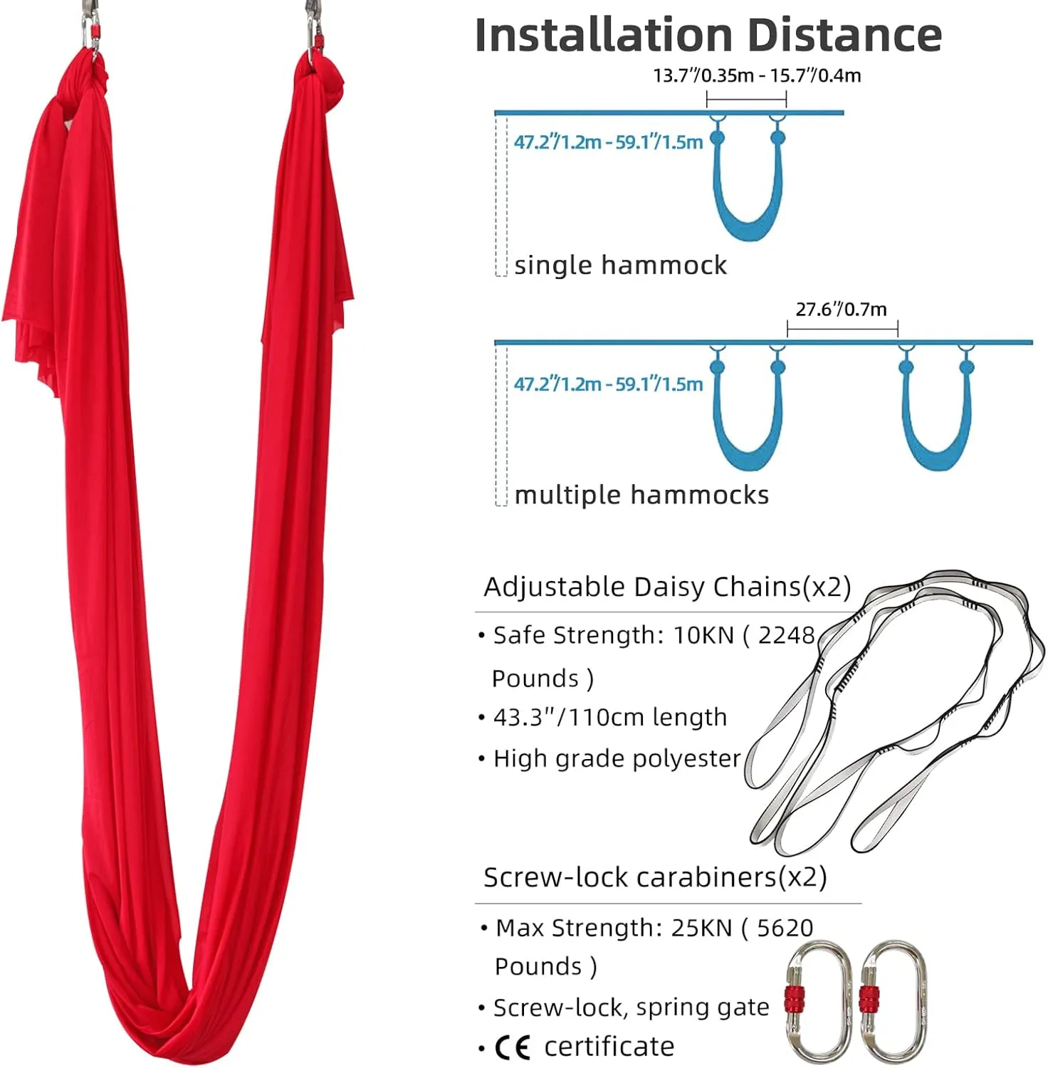 Yoga Hammock Kit for Fitness Anti Gravity Fabrics with Low Stretch Nylon Fabric & Included Hardware for Aerial Dance