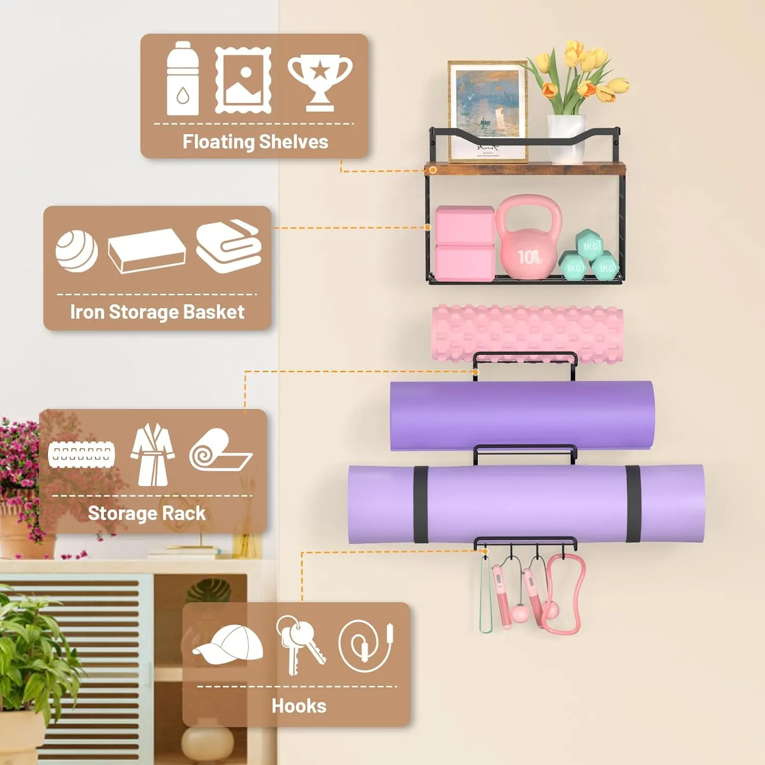 Yoga Mat Holder Wall Mount Storage Rack Organizer With Wood Floating Shelves, Storage Basket and 4 Hook For Hanging Yoga Strap & Resistance Bands