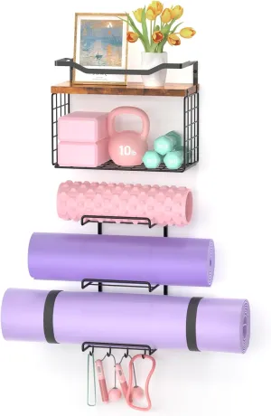 Yoga Mat Holder Wall Mount Storage Rack Organizer With Wood Floating Shelves, Storage Basket and 4 Hook For Hanging Yoga Strap & Resistance Bands