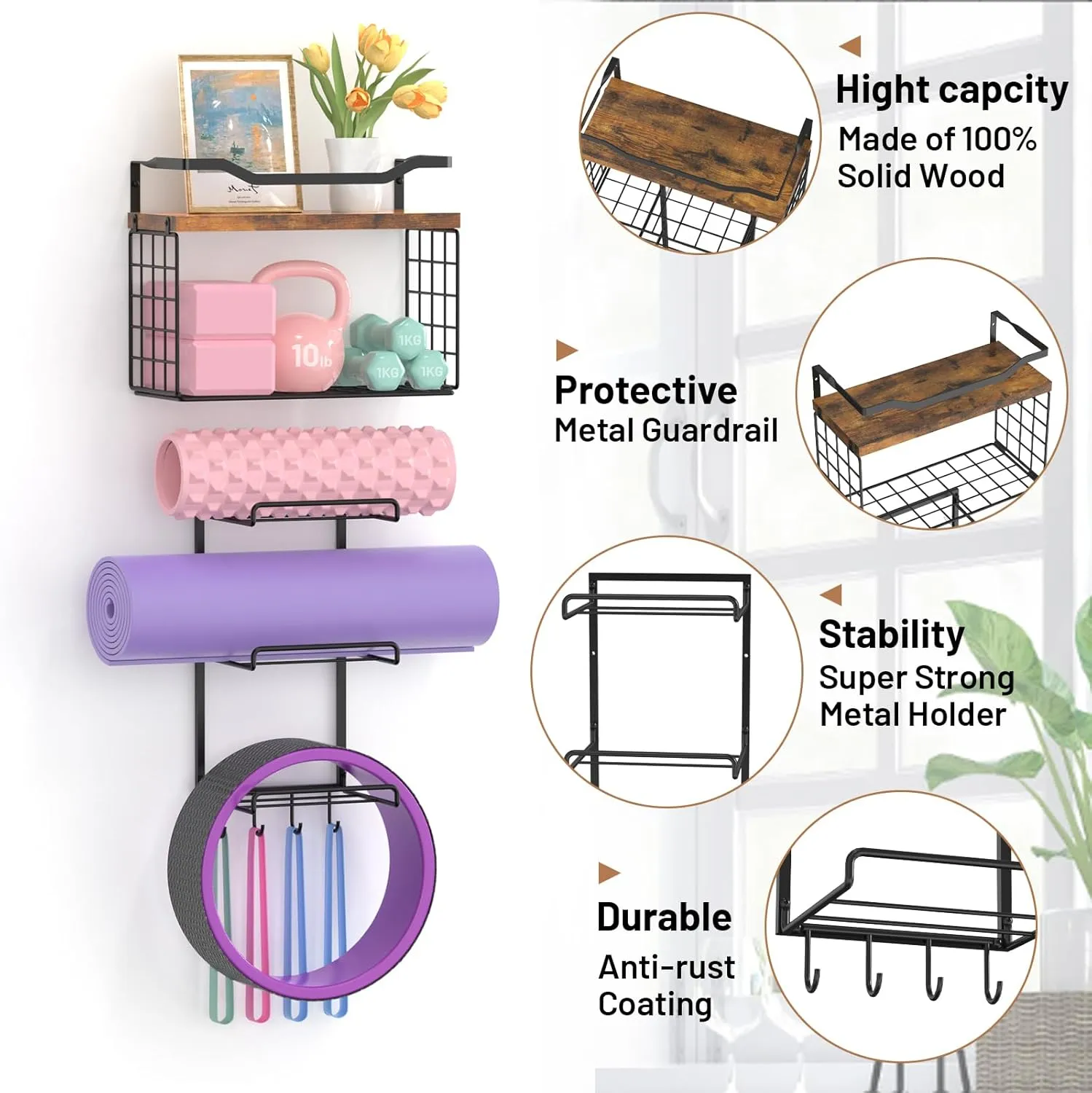 Yoga Mat Holder Wall Mount Storage Rack Organizer With Wood Floating Shelves, Storage Basket and 4 Hook For Hanging Yoga Strap & Resistance Bands