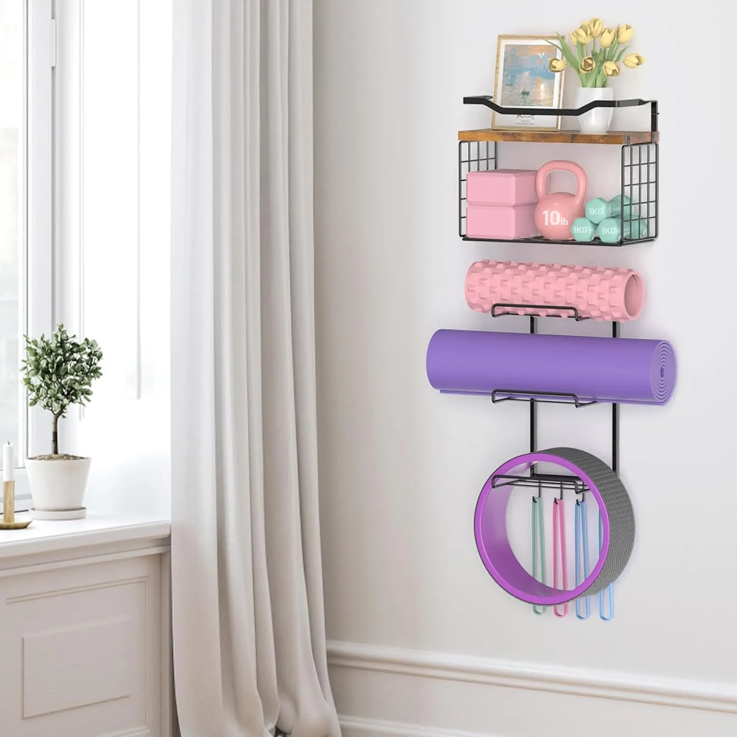 Yoga Mat Holder Wall Mount Storage Rack Organizer With Wood Floating Shelves, Storage Basket and 4 Hook For Hanging Yoga Strap & Resistance Bands