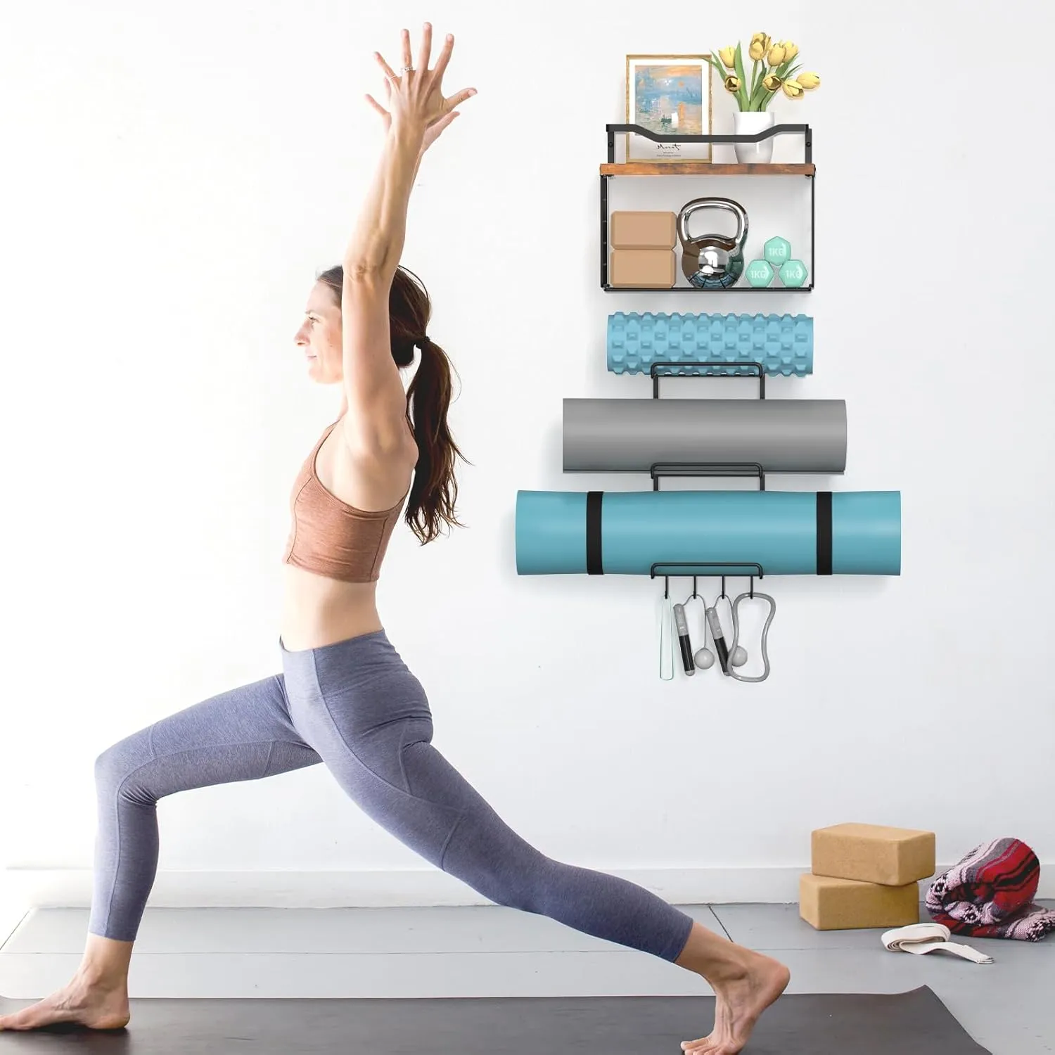 Yoga Mat Holder Wall Mount Storage Rack Organizer With Wood Floating Shelves, Storage Basket and 4 Hook For Hanging Yoga Strap & Resistance Bands