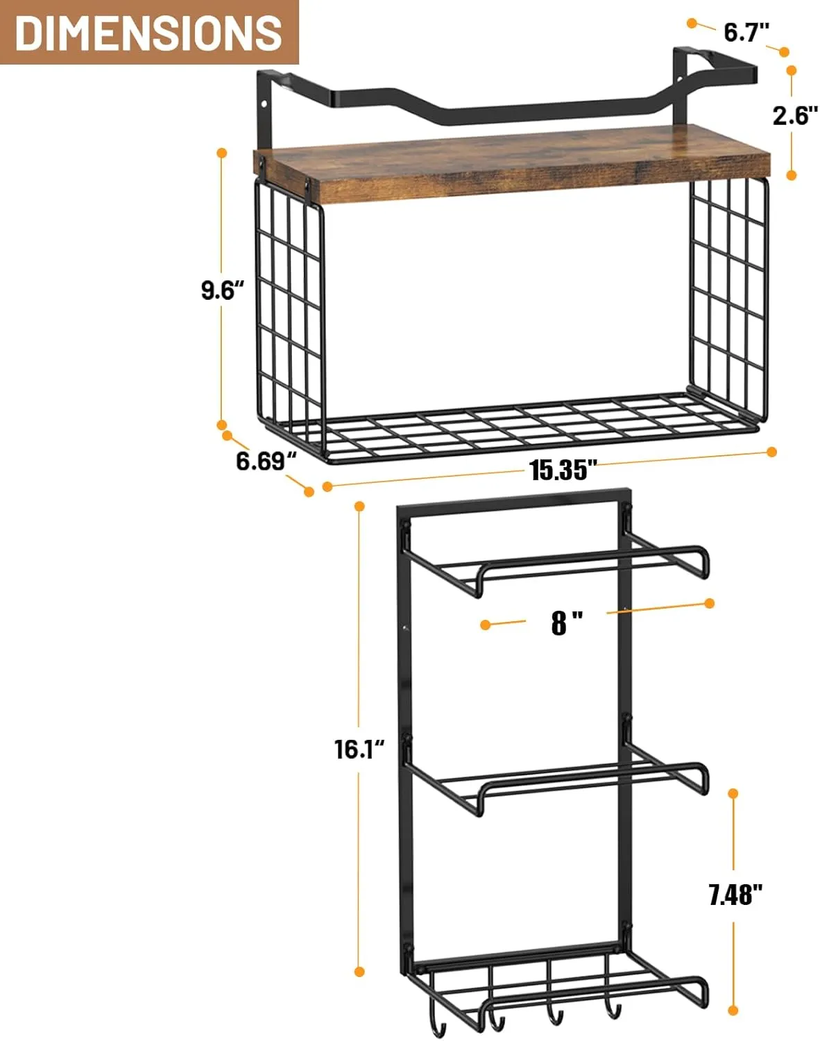 Yoga Mat Holder Wall Mount Storage Rack Organizer With Wood Floating Shelves, Storage Basket and 4 Hook For Hanging Yoga Strap & Resistance Bands