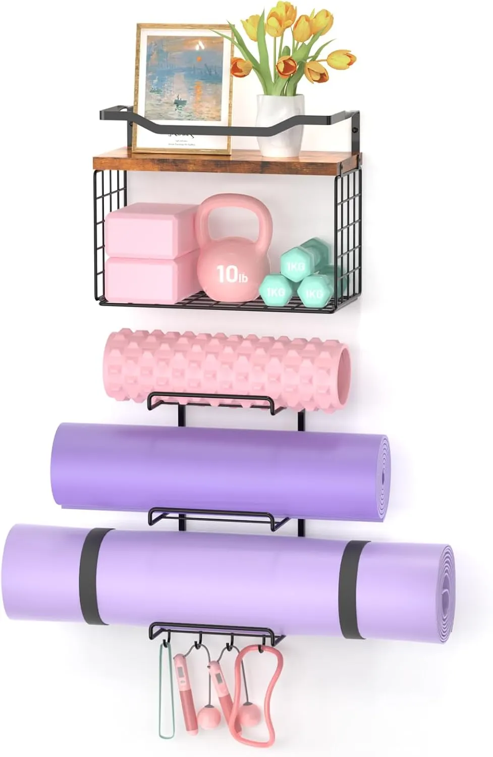 Yoga Mat Holder Wall Mount Storage Rack Organizer With Wood Floating Shelves, Storage Basket and 4 Hook For Hanging Yoga Strap & Resistance Bands