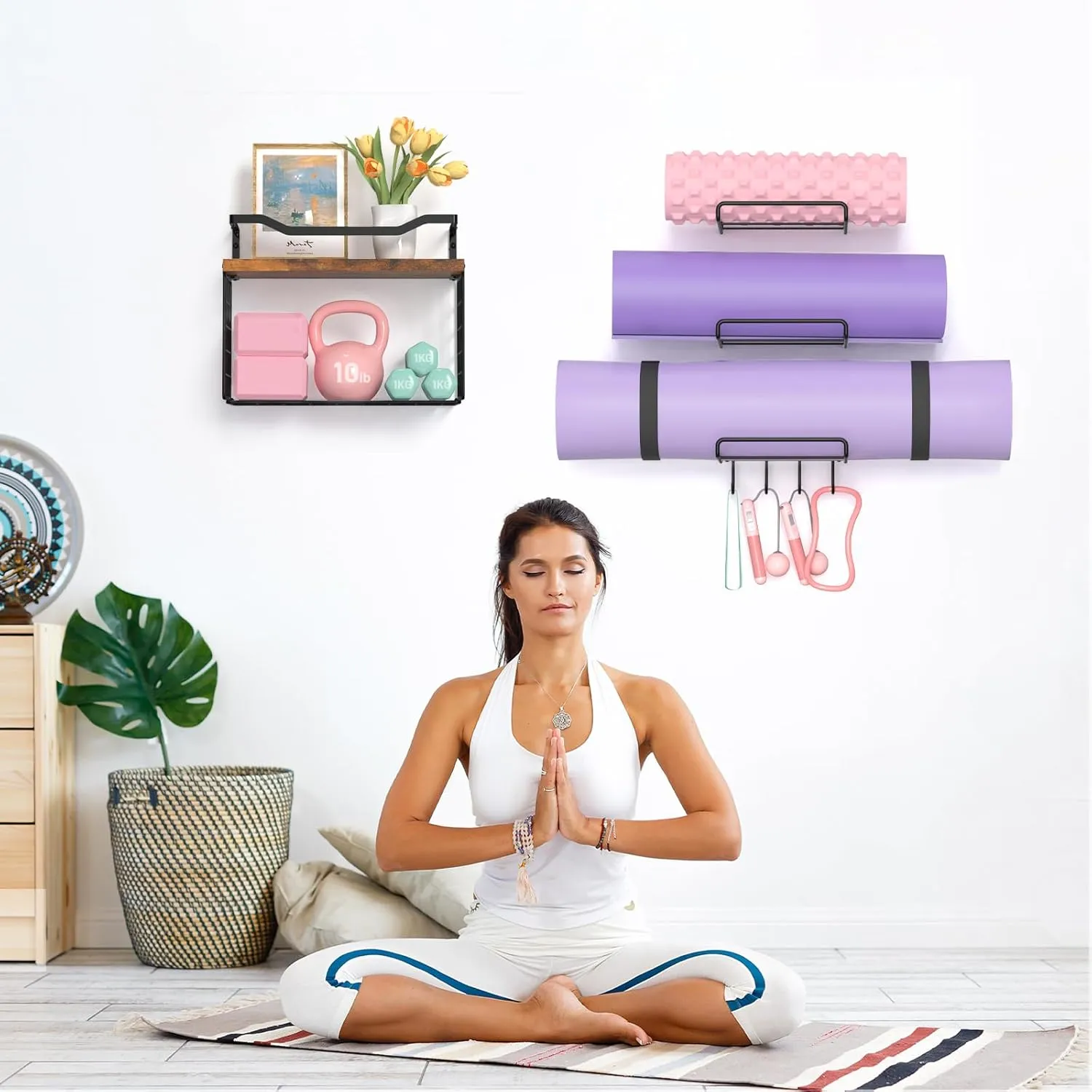 Yoga Mat Holder Wall Mount Storage Rack Organizer With Wood Floating Shelves, Storage Basket and 4 Hook For Hanging Yoga Strap & Resistance Bands